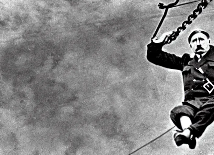 Prompt: Adolf Hitler gets stuck on a zipline at the 1936 Berlin Olympics