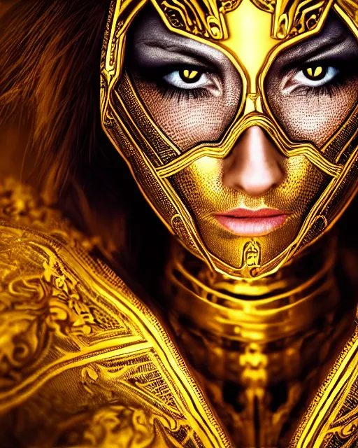 Image similar to comic book style portrait of woman in shining golden armor, high production value, intricate details, high resolution, hdr, high definition, masterpiece, realistic, ultrarealistic, highly detailed, hd, sharp focus, non blurry, sharp, smooth