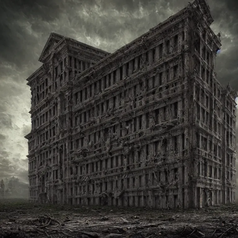 Prompt: ribbed abandoned giant building, baroque painting, standing in a desolate empty wasteland, creepy, nightmare, dream-like heavy atmosphere, surreal abandoned buildings, beautiful detailed intricate insanely detailed octane render trending on Artstation, 8K artistic photography, photorealistic, chiaroscuro, Raphael, Caravaggio, Beksinski, Giger