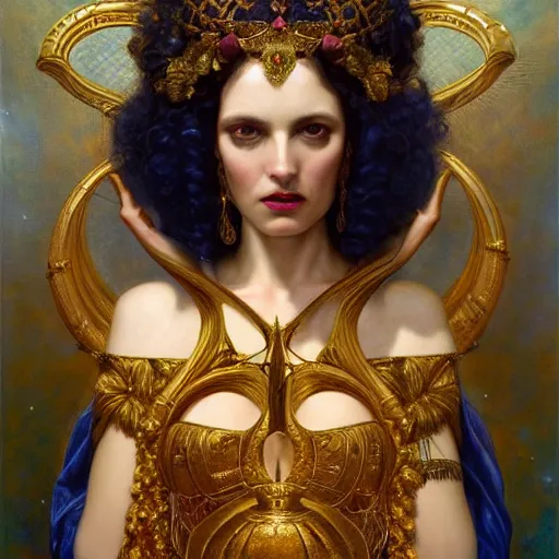 Prompt: highly detailed oil painting | very intricate | cinematic lighting | award - winning | the goddess babalon wearing a gold and blue dress | by roberto ferri, by tom bagshaw, by j. c. leyendecker and klimt, beautiful cinematic light, american romanticism, by austin osman spare, artstation, cgsociety, official art, octane