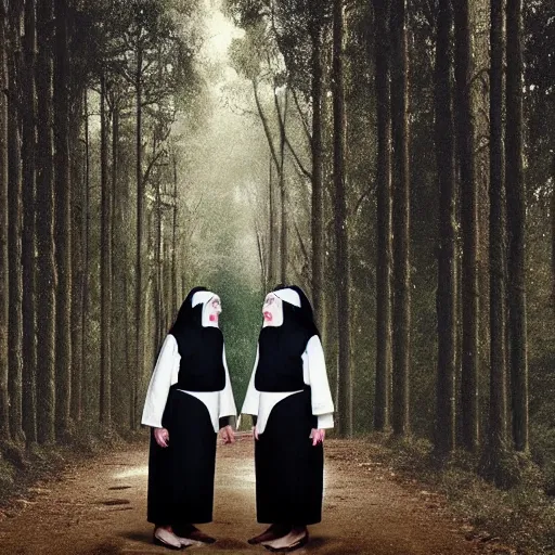 Image similar to award winning photo Floating twin nuns faces like dogs, wearing translucent habits Very long arms, in a forest, eerie, frightening —width 1024 —height 1024