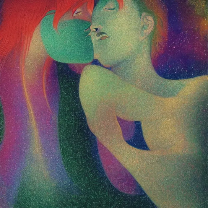 Image similar to close portrait of woman and man kissing. aurora borealis. iridescent, vivid psychedelic colors. painting by bosch, agnes pelton, utamaro, monet