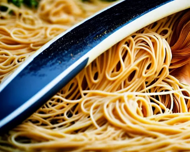 Image similar to close up of a beautiful ginger surfer, surfing on a surfboard in a sea of pasta, art nouveau, fantasy, intricate pasta waves, elegant, highly detailed, sharp focus, action sports photography