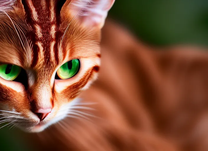 Image similar to 5 5 mm portrait photo of a redhead cat's face with ( ultra detailed cat - eyes ). highly detailed 8 k. intricate. lifelike. soft light. nikon d 8 5 0. cinematic post - processing