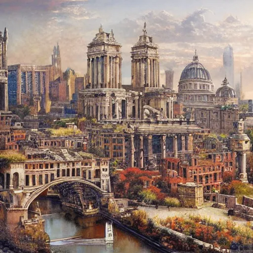 Image similar to by gabriele dell'otto blocks, unified aztec, ancient roman painting. a beautiful print of a cityscape with tall spires & delicate bridges.