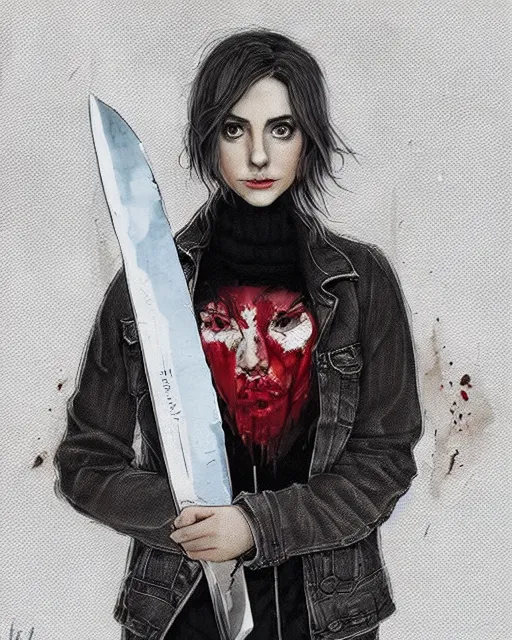 Image similar to loish, artgerm, Joshua Middleton art, Rafeal Albuquerque, pretty Alison Brie serial killer holding bloody knife in right hand realistic hand, blood on clothes and face, sarcastic smile, symmetrical eyes, symmetrical face, jean jacket, jeans, short blonde hair, middle shot, night time, deep blacks