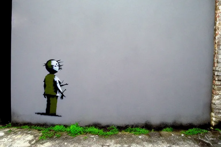 Image similar to abstract wall painting of nature landscape, grey grunge wall rule of thirds, art by banksy