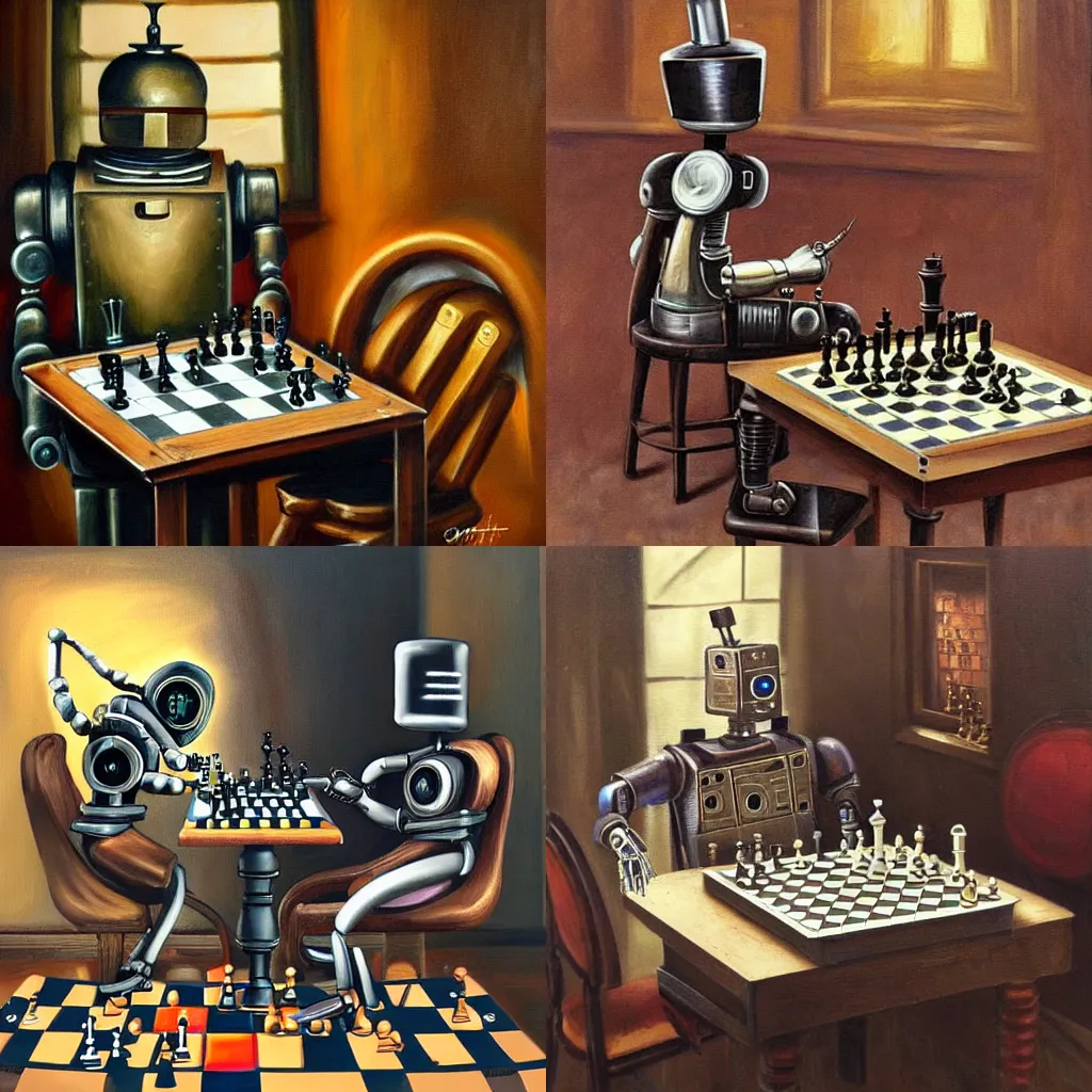 Prompt: a very clever robot playing chess while sitting at a table, steampunk style, oil painting