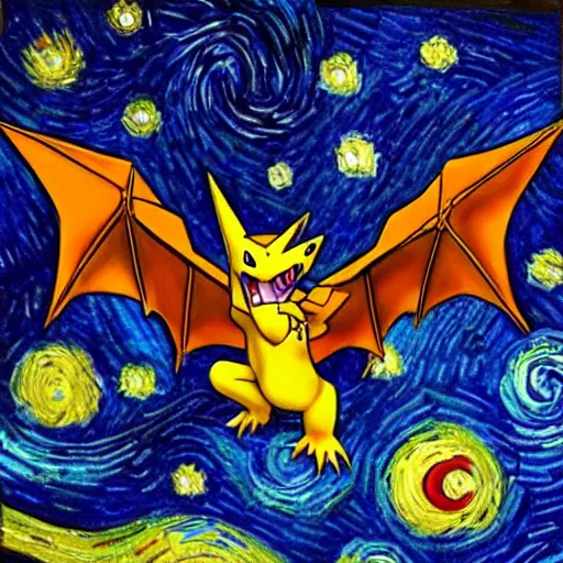 Prompt: Charizard pokemon in the style of Van Gogh, starry night, oil painting, detailed, trending on artstation