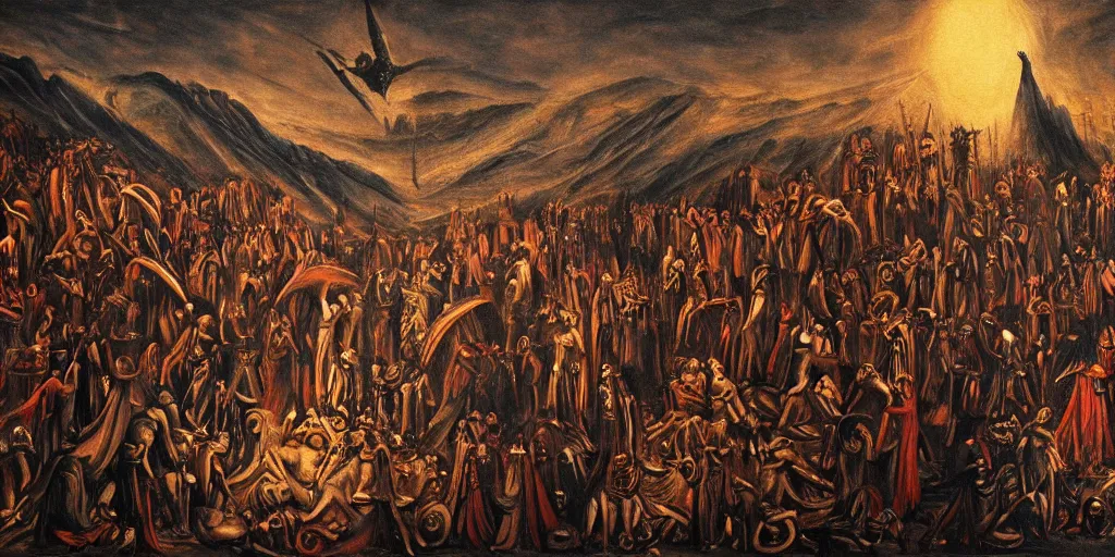 Image similar to dante's inferno painting, with people in black hooded tunic like in the film eyes wide shut of stanley kubrick, illuminati symbol, crows, skeletons, crosses, jesus, dark beauty, rotten gold, perfect faces, extremely detailed, cinema 4 d, unreal engine.