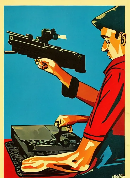 Prompt: a Soviet Russia propaganda poster of a programmer shooting a gun at a computer