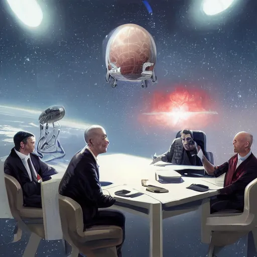 Image similar to illustration of a meeting between elon musk, mark zuckenberg, jeff bezos, very clear face, high quality, very detailled, by artgem, by david rutkowski, greg ruthowski, ruan jia