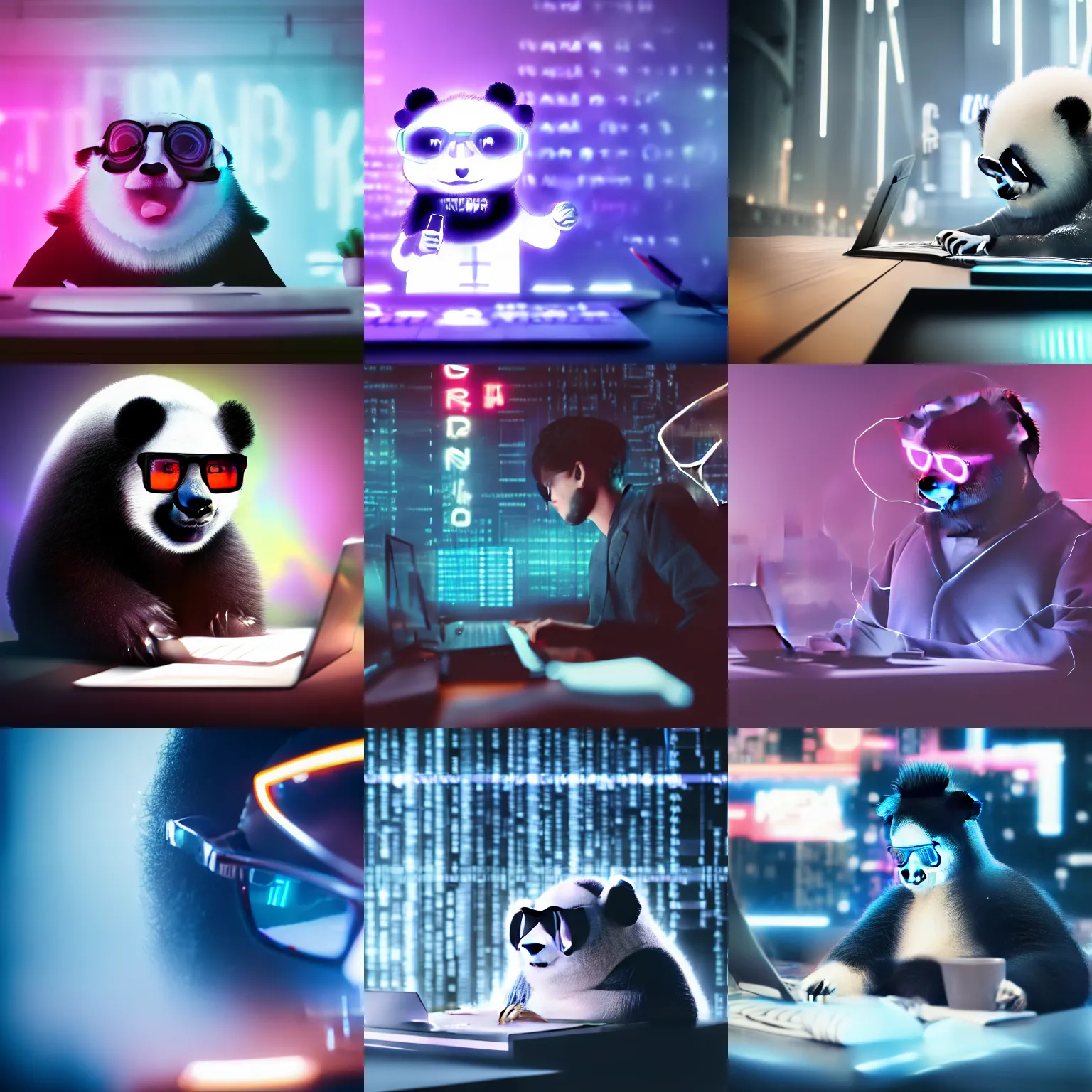 Prompt: a fluffy panda like a programmer wearing metal frame glasses is writing coding, foggy, mystery code, Cyberpunk, neon light, 4k, hd, highly detailed