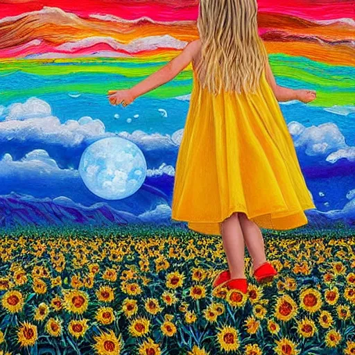 Prompt: breathtaking detailed painting of the earth's moon, with a four year old girl with long dirty blond hair, standing in a sunflower meadow with her back facing us, wearinf a raindow colored dress, on a clear night sky, attention to detail, award winning, oil canvas