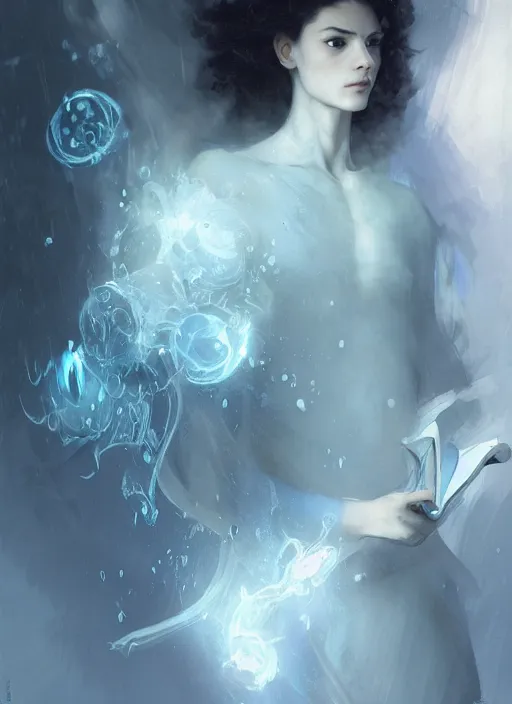 Image similar to character concept portrait of an attractive young focused Spanish wizard with pale blue enchanting a bubbling seduction spell, a floating wet spell book in the center, intricate, elegant, digital painting, concept art, smooth, sharp focus, illustration, from Metal Gear, by Ruan Jia and Mandy Jurgens and William-Adolphe Bouguereau, Artgerm