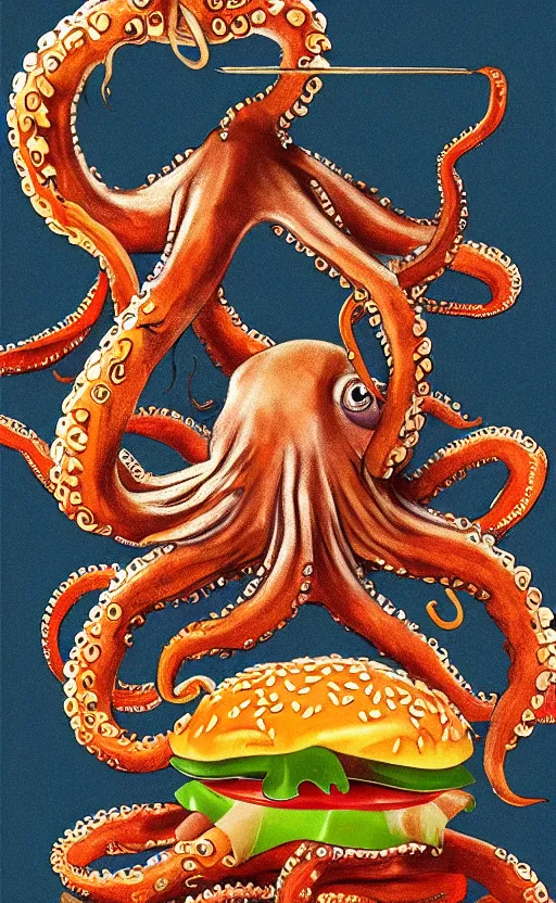 Prompt: highly detailed illustration of octopus eating a cheeseburger, concert poster, symmetrical, 8 k, trending, vintage