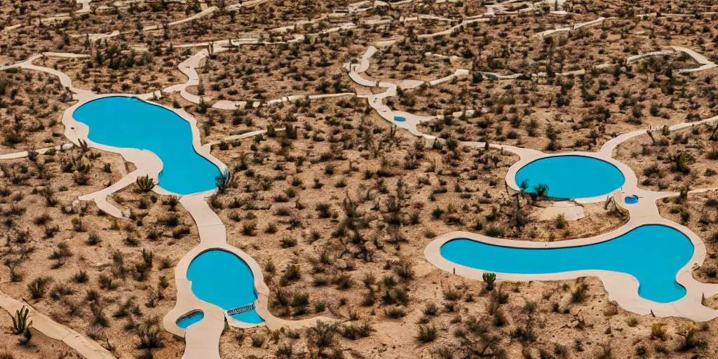 Image similar to Aerial Photo of nostalgic abandoned desert oasis, photo realistic, isometric, tilt shift, bokeh, award winning, trending, 8k, HD