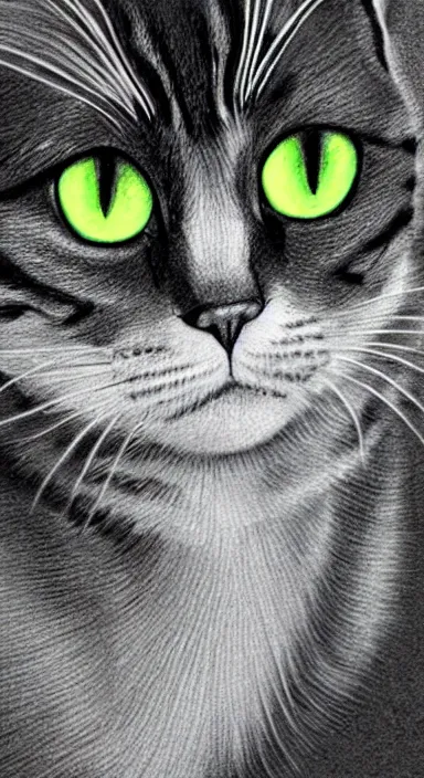 Image similar to highly detailed full body realistic pencil sketch of a beautiful cat with big green eyes in front of the universe