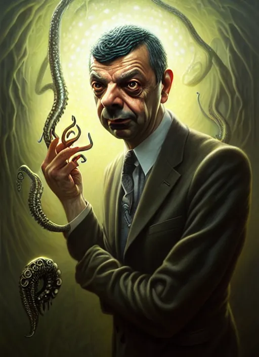 Image similar to lovecraft biopunk portrait of rowan sebastian atkinson by tomasz alen kopera and peter mohrbacher