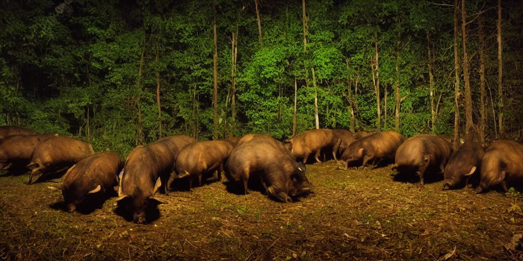 Image similar to a trap camera night photo of a big group of wild boars in a forest, real, photography