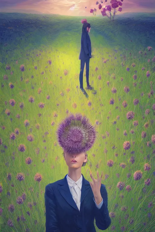 Image similar to portrait, enormous thistle flower under head, a girl in a suit in field of flowers, surreal photography, sunrise, blue sky, dramatic light, impressionist painting, digital painting, artstation, simon stalenhag