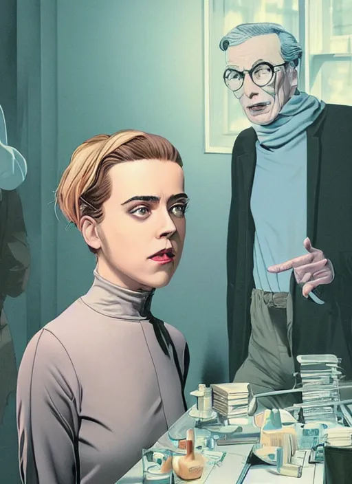 Prompt: poster artwork by Michael Whelan and Tomer Hanuka, Karol Bak of Kiernan Shipka wearing a turtleneck and lab coat meeting Alan Turing outside her apartment, from scene from Twin Peaks, clean