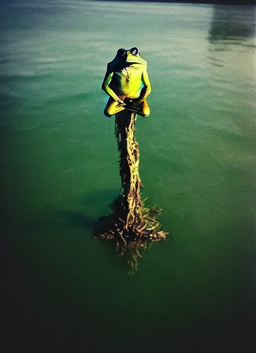 Image similar to “frog in jesus christ pose vertically hovering above calm lake waters, distant misty forest horizon, low angle shot, long cinematic shot by Andrei Tarkovsky, paranormal, eerie, mystical”