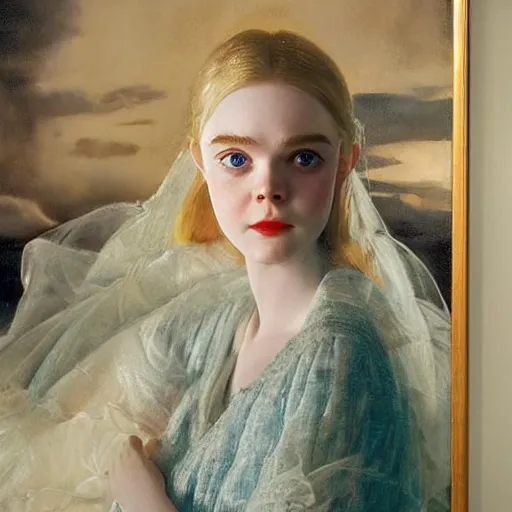 Image similar to Elle Fanning at night, stormy weather, extremely detailed masterpiece, oil on canvas, Roger Deakin’s cinematography, by Norman Rockwell and Peter Reubens,