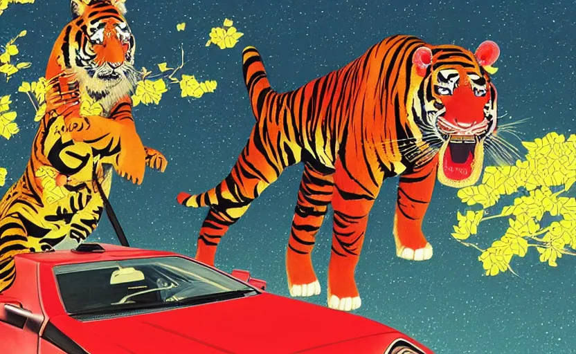 Image similar to a red delorean and yellow tiger, art by hsiao - ron cheng & utagawa kunisada in magazine collage style,