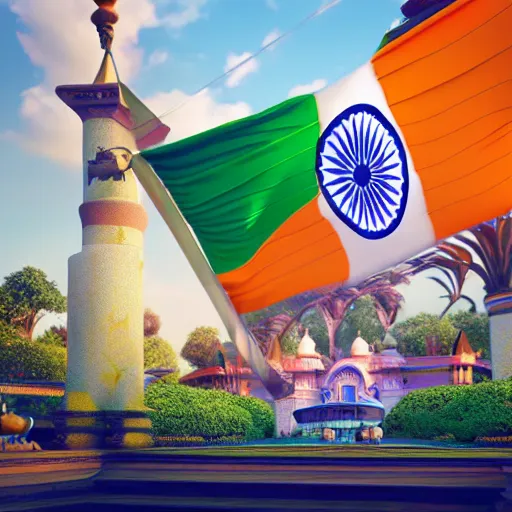 Image similar to indian flag waving, center frame, symmetric, rim light, fabric, electric, soft, concept art, intricate details, cinematic, highly detailed, colorful, photorealistic, disney pixar, octane render, iridescent, anime