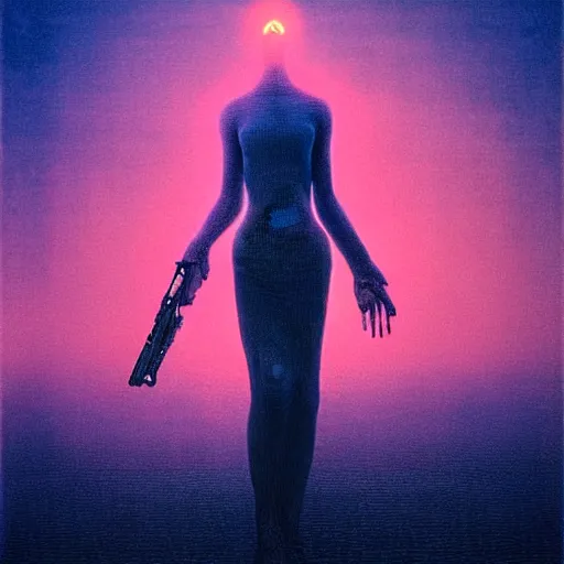 Image similar to charlies angels by beksinski, jonathan zawada and lisa james, beautiful dystopian neon dreamsynthy themed digital art