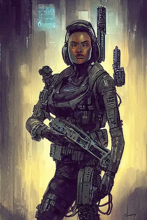 Image similar to adaego the ghost. blackops mercenary in near future tactical gear and cyberpunk headset. Blade Runner 2049. concept art by James Gurney and Mœbius.