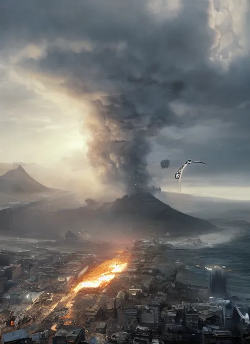 Prompt: hyper realistic squid shaped robot attacking cape town city, table mountain explosions, atmospheric beautiful details, strong composition drawn in ink by kim jung giu weta studio rutkowski, james gurney and greg rutkowski, and lucasfilm