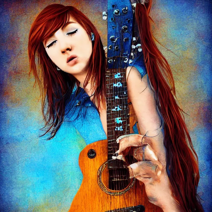 Prompt: a girl with brown and blue hair with a guitar, beautiful digital art