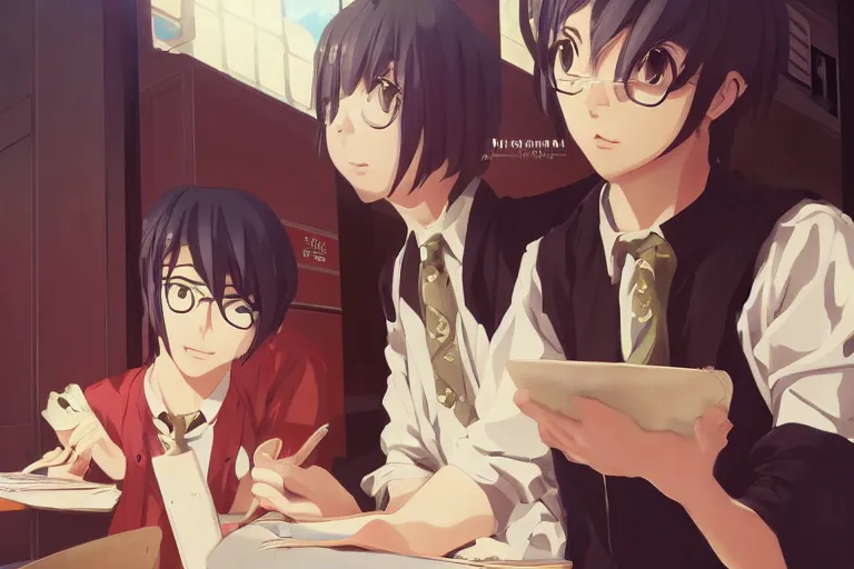 prompthunt: boy's love anime high school classroom scene spring setting,  expert high detail concept art, perfect proportions fine - face, tall  handsome, bold colors, smooth sharp focus, realistic shaded lighting poster  ilya