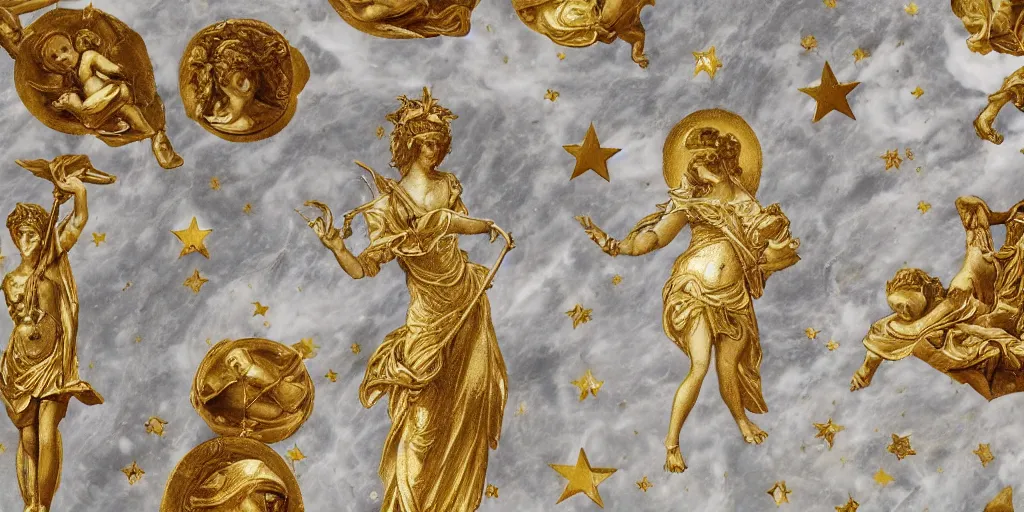 Prompt: saint Woman Venus Athena beautiful gracious baroque marble and gold in space sistina stars clouds