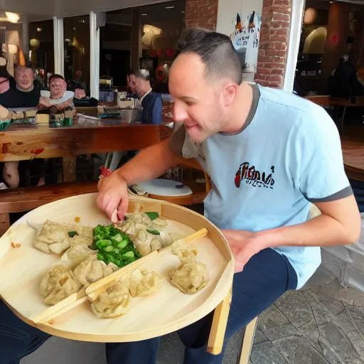 Prompt: Big Floppa eats dumplings