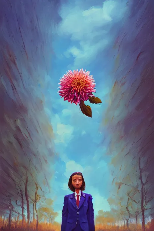 Image similar to closeup giant dahlia flower head, girl in a suit, street, surreal photography, blue sky, sunrise, dramatic light, impressionist painting, digital painting, artstation, simon stalenhag