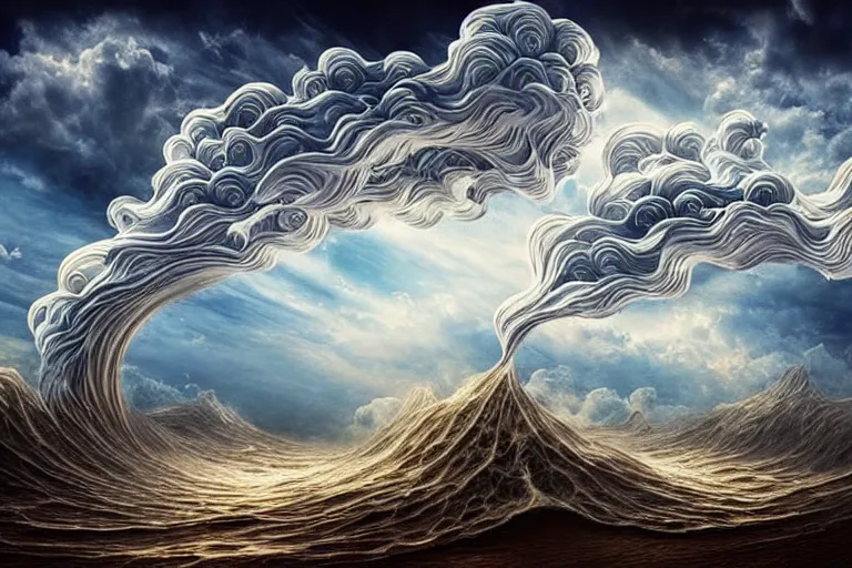 Image similar to a huge flock of many elaborate intricate smooth sculptural whirling elegant clouds puffy filigreed twisting turning cloud sculptures, tornadoes, art nouveau apocalypse environment, soothing, crepuscular, award winning art, epic dreamlike fantasy landscape, ultra realistic,