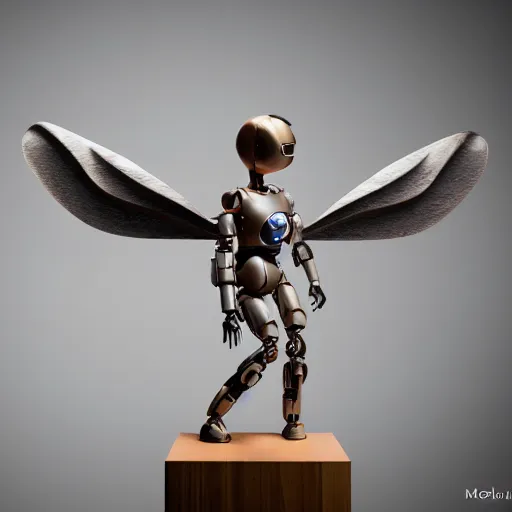 Prompt: an ultra realistic shot of a wooden art sculpture on a pedestal of a cute cyberpunk robotic angel in a contemporary art gallery rendered octan 8k by moebus