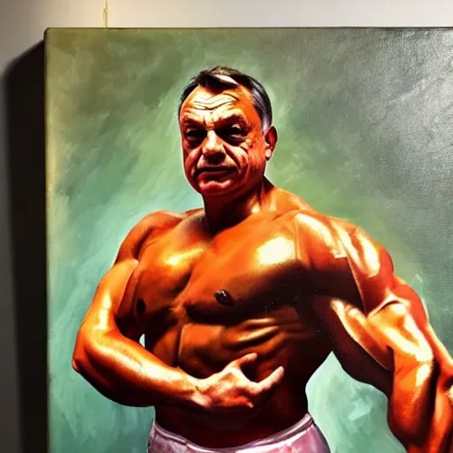 Image similar to viktor orban flexing a biceps, oil painting