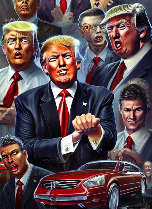 Prompt: donald trump as a used car salesman, cosmic horror painting, elegant intricate digital painting artstation concept art by mark brooks and brad kunkle detailed