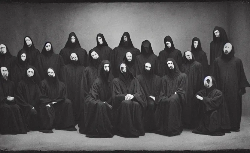 Image similar to a old grainy 1 8 0 0 s black and white photo of a group of demonic cultists, wearing robes, wearing hoods, performing a ritual, grainy, old photo, golden ratio, scary, horror photography, 5 0 mm lens, f 1. 8