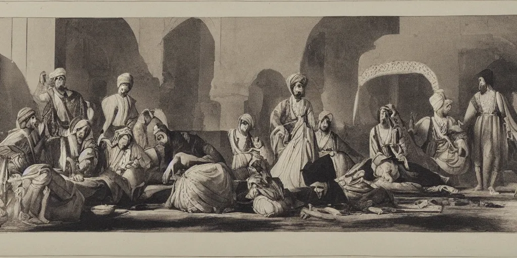 Image similar to sultan and his harem, lithograph