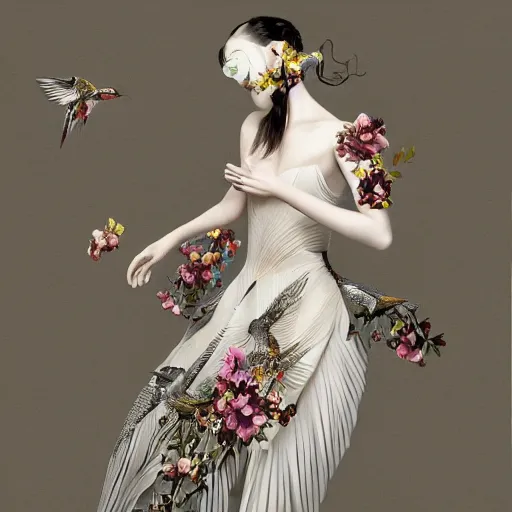 Prompt: 3 / 4 view of a beautiful girl wearing an origami dress, eye - level medium shot, fine floral ornaments in cloth and hair, hummingbirds, elegant, by eiko ishioka, givenchy, banksy, by peter mohrbacher, centered, fresh colors, origami, fashion, detailed illustration, vogue, japanese, reallusion character creator