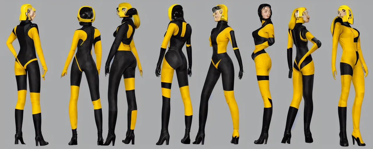 Prompt: character design, fashion reference sheet, curvy, 70's jetfighter pilot girl, optimistic, dirty yellow flight pressure suit, black stripes, scuffed exoskeleton, concept art, photorealistic, hyperdetailed, 3d rendering!, rimlight , art by Frazetta,