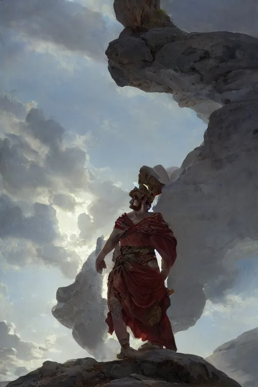 Image similar to ancient roman steve buscemi ascending wearing the civic crown while he levitates and hovers above the ground glowing with power small rocks and pebbles begin lifting off the ground around him, art by anders zorn, wonderful masterpiece by greg rutkowski, beautiful cinematic light, american romanticism by greg manchess, jessica rossier