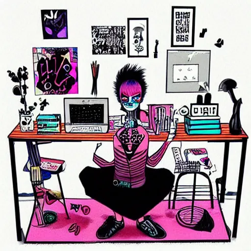 Image similar to goth guy sitting at computer in cluttered room, by harumi hironaka, aesthetic!!!,