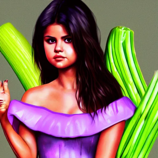 Prompt: photorealistic digital painting of selena gomez as celery, hd, artstation, 4 k wallpaper