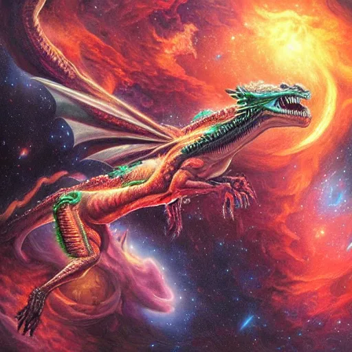 Image similar to an alien dragon flying in outer space, epic nebula, Dan Seagrave art